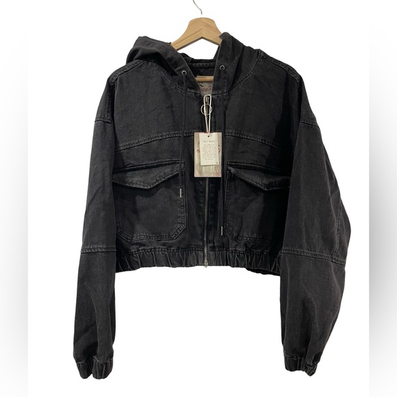 [L] STOOSH NWT Jacket denim cotton jean cropped hoodie cuffs - Picture 2 of 5